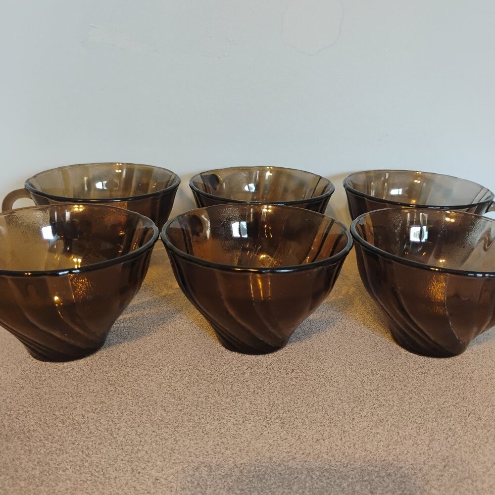 Vereco France Smoky Brown Swirl Pattern Tea Cups, set of 5